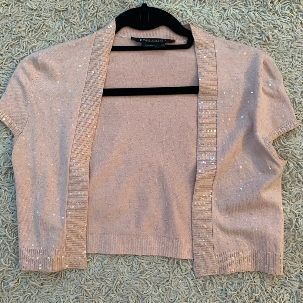 BCBG light pink sequin short sleeve cardigan